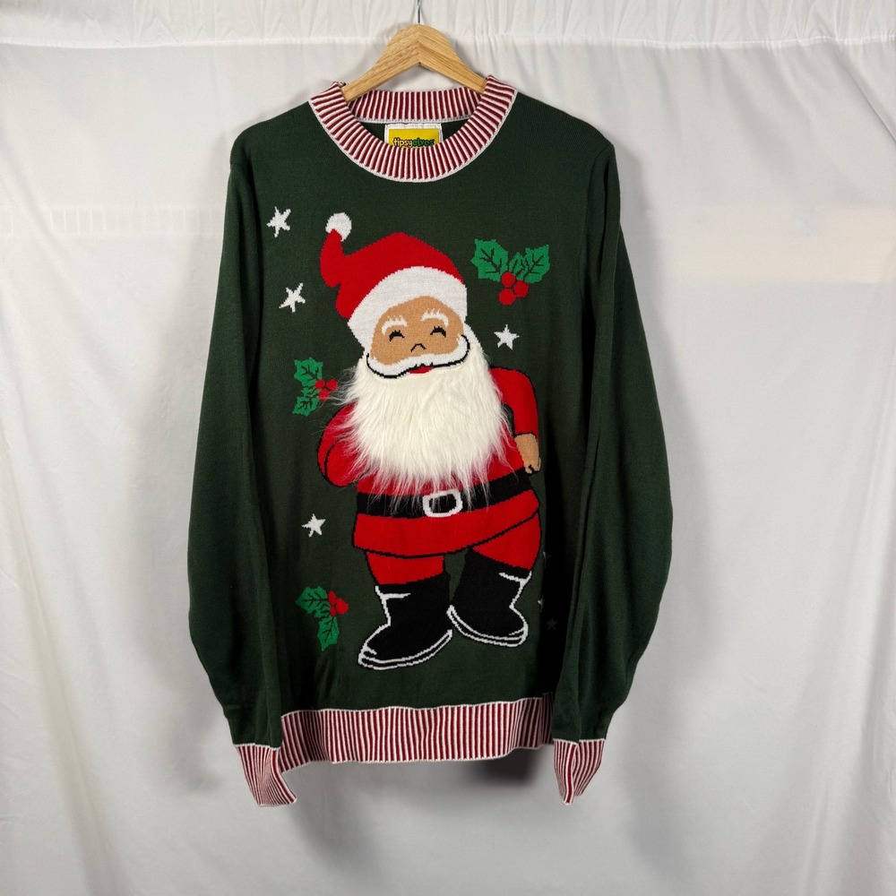 Tipsy‎ Elves Mens L It's Flipping Christmas Ugly Sweater Santa Fuzzy Beard NWT